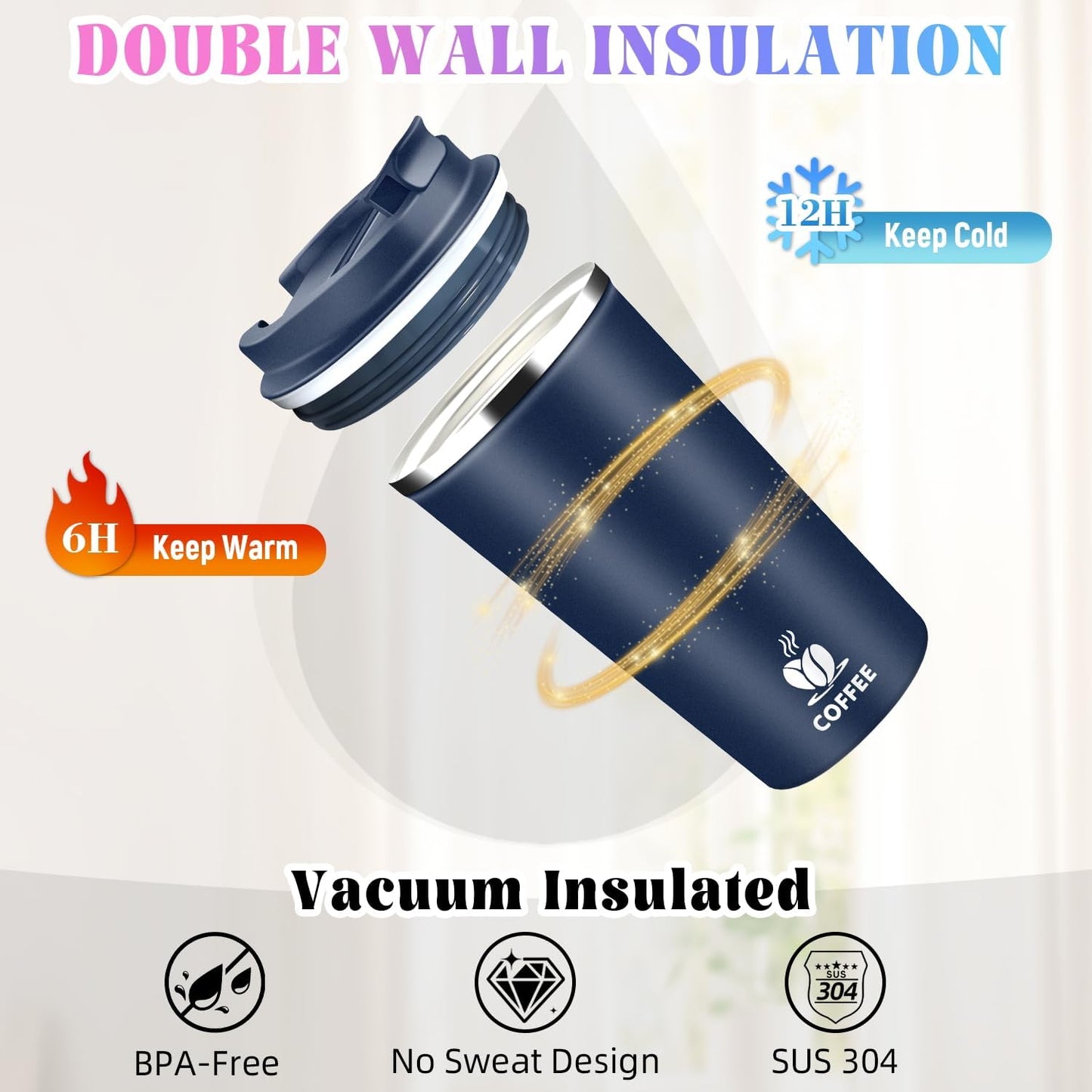 17oz Insulated Travel Coffee Mug with Flip Lid ¨C Leakproof Stainless Steel Insulated Coffee Tumblers, Reusable Coffee Cup for Hot & Cold Drinks, Perfect for Camping & On-the-Go