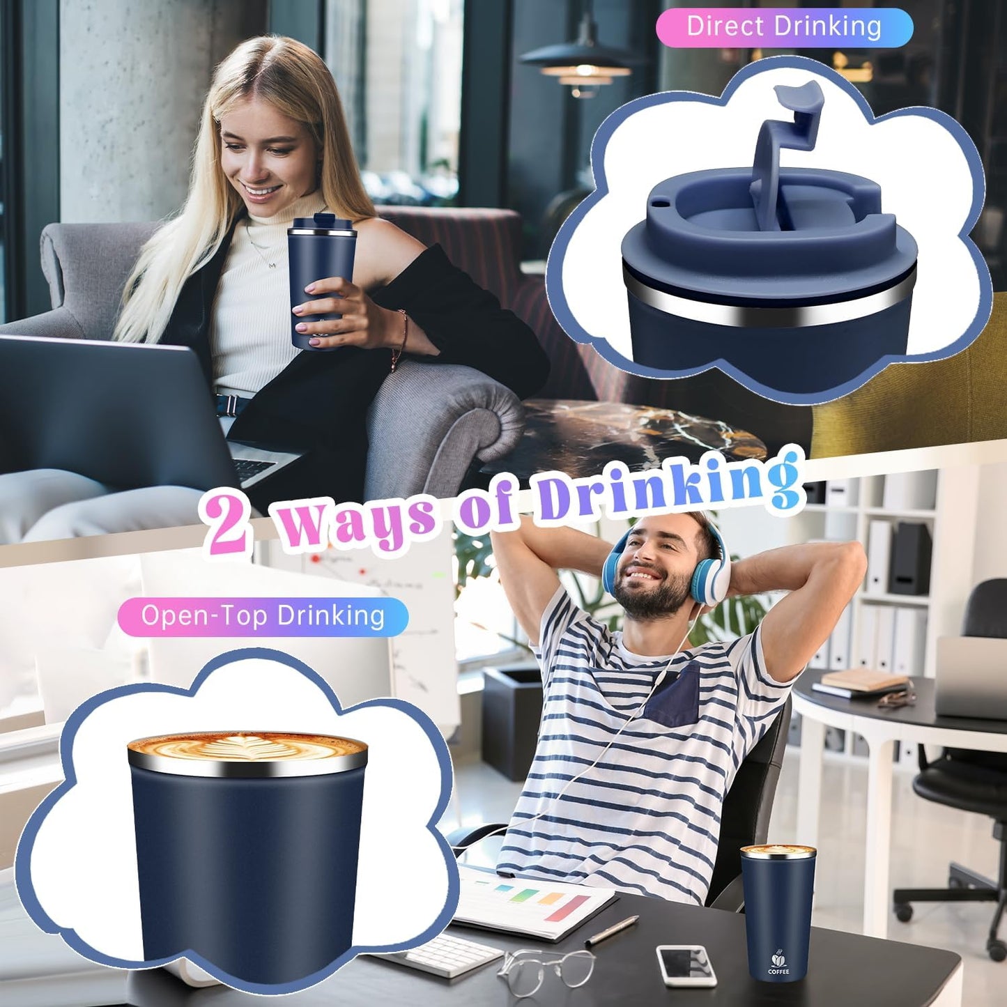 17oz Insulated Travel Coffee Mug with Flip Lid ¨C Leakproof Stainless Steel Insulated Coffee Tumblers, Reusable Coffee Cup for Hot & Cold Drinks, Perfect for Camping & On-the-Go