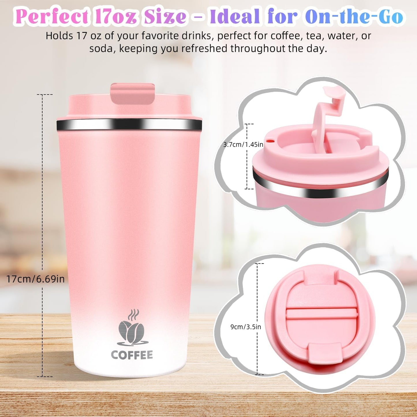 17oz Insulated Travel Coffee Mug with Flip Lid ¨C Leakproof Stainless Steel Insulated Coffee Tumblers, Reusable Coffee Cup for Hot & Cold Drinks, Perfect for Camping & On-the-Go