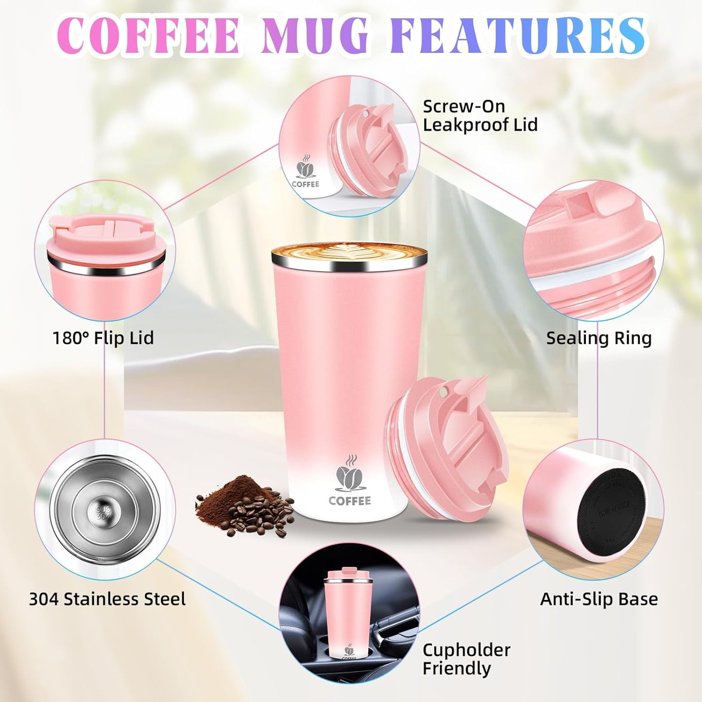 17oz Insulated Travel Coffee Mug with Flip Lid ¨C Leakproof Stainless Steel Insulated Coffee Tumblers, Reusable Coffee Cup for Hot & Cold Drinks, Perfect for Camping & On-the-Go