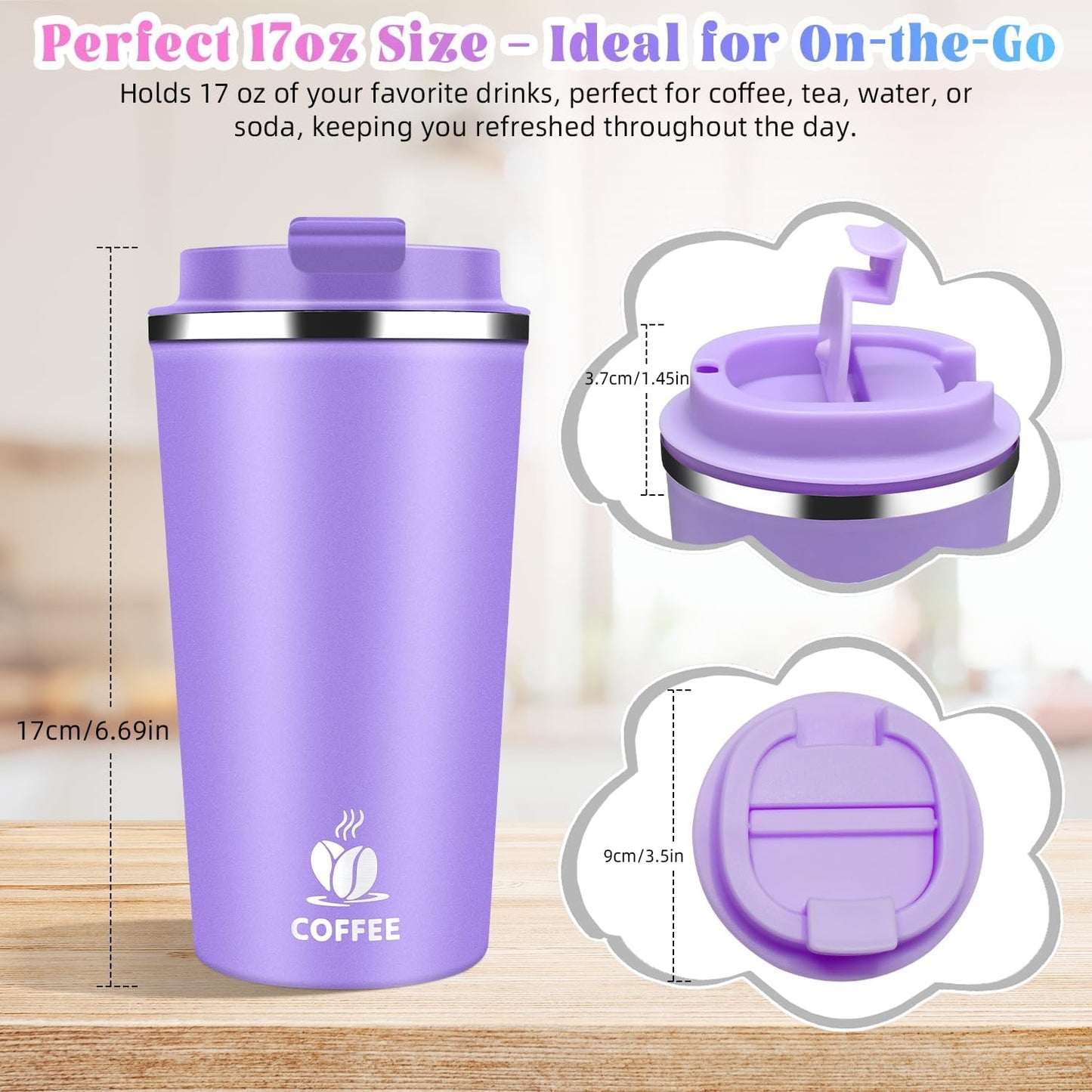 17oz Insulated Travel Coffee Mug with Flip Lid ¨C Leakproof Stainless Steel Insulated Coffee Tumblers, Reusable Coffee Cup for Hot & Cold Drinks, Perfect for Camping & On-the-Go