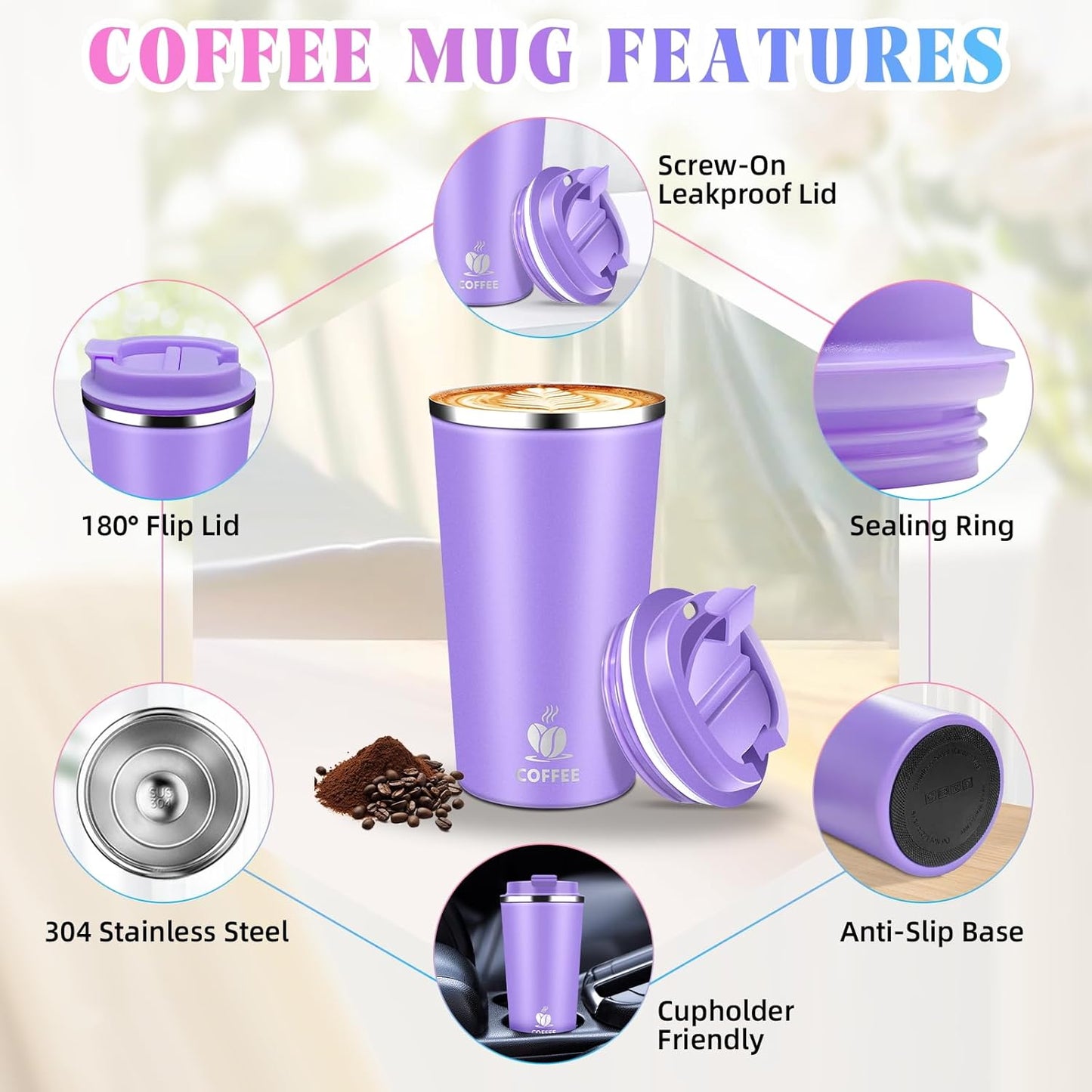 17oz Insulated Travel Coffee Mug with Flip Lid ¨C Leakproof Stainless Steel Insulated Coffee Tumblers, Reusable Coffee Cup for Hot & Cold Drinks, Perfect for Camping & On-the-Go