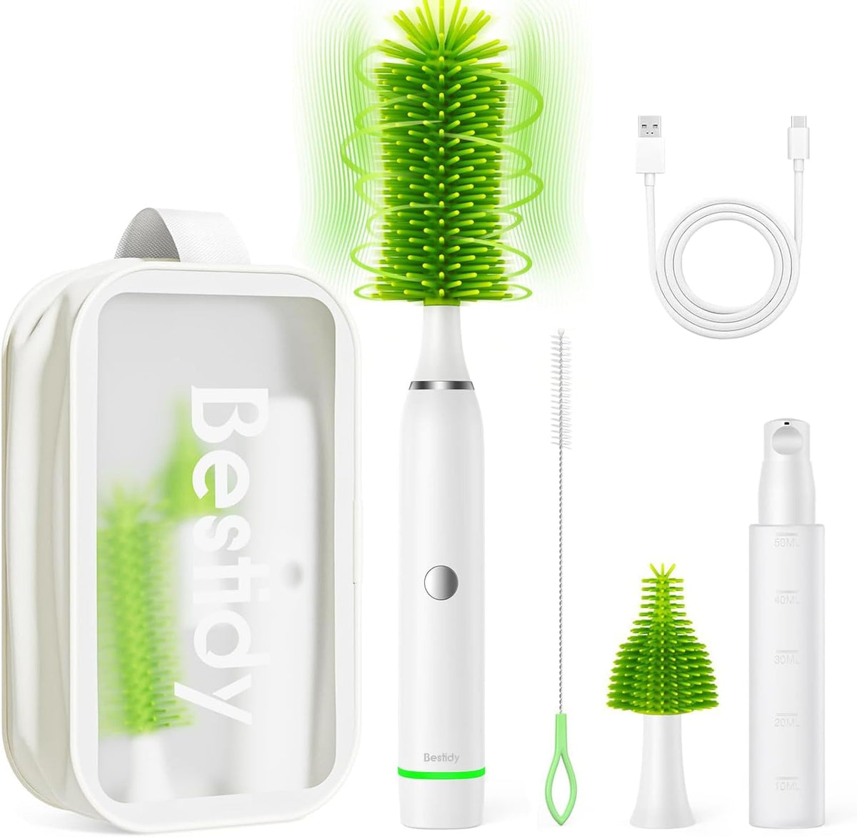 Electric Baby Bottle Cleaner Kit for Travel- Rechargeable 360° Rotation Electric Baby Bottle Brush with Replaceable Nipple/Straw Brush, 2-Speed Modes, 50ml Lotion Bottle & Storage Bag