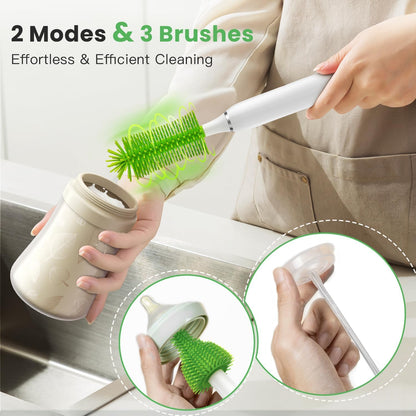Electric Baby Bottle Cleaner Kit for Travel- Rechargeable 360° Rotation Electric Baby Bottle Brush with Replaceable Nipple/Straw Brush, 2-Speed Modes, 50ml Lotion Bottle & Storage Bag