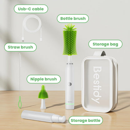 Electric Baby Bottle Cleaner Kit for Travel- Rechargeable 360° Rotation Electric Baby Bottle Brush with Replaceable Nipple/Straw Brush, 2-Speed Modes, 50ml Lotion Bottle & Storage Bag