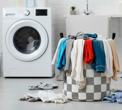 Collapsible Round Laundry Hamper/Large Storage Basket/Room Decor (White check)