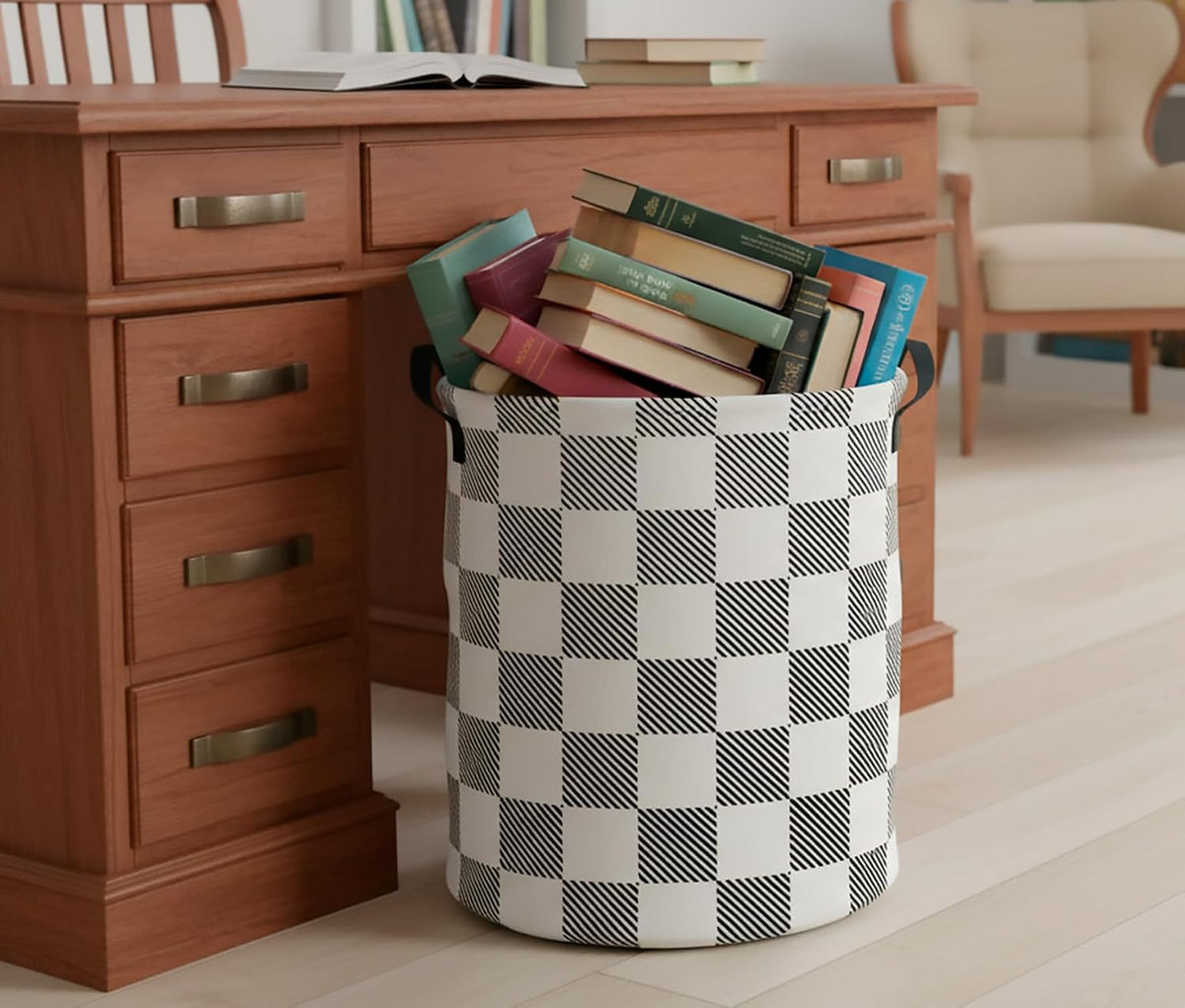 Collapsible Round Laundry Hamper/Large Storage Basket/Room Decor (White check)