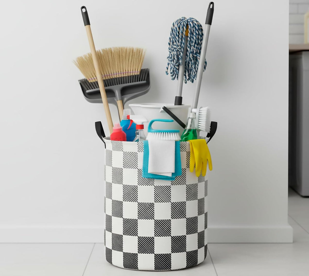 Collapsible Round Laundry Hamper/Large Storage Basket/Room Decor (White check)