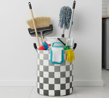Collapsible Round Laundry Hamper/Large Storage Basket/Room Decor (White check)