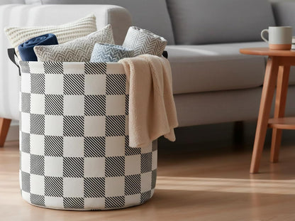 Collapsible Round Laundry Hamper/Large Storage Basket/Room Decor (White check)