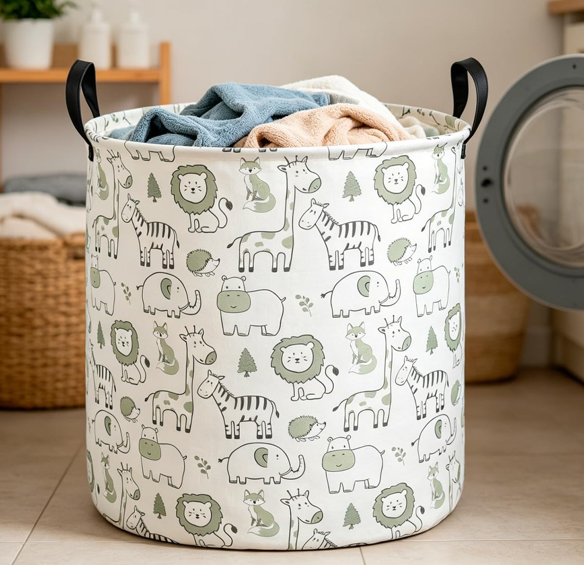 Collapsible Round Laundry Hamper/Large Storage Basket/Room Decor (White check)