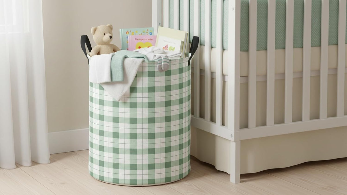 Collapsible Round Laundry Hamper/Large Storage Basket/Room Decor (White check)
