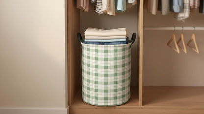 Collapsible Round Laundry Hamper/Large Storage Basket/Room Decor (White check)