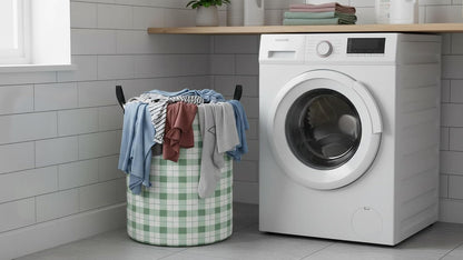 Collapsible Round Laundry Hamper/Large Storage Basket/Room Decor (White check)