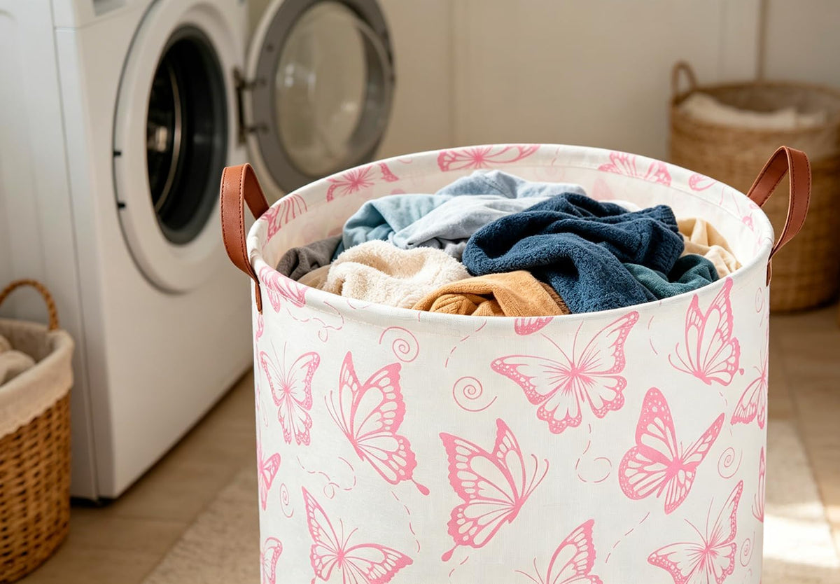 Collapsible Round Laundry Hamper/Large Storage Basket/Room Decor (White check)