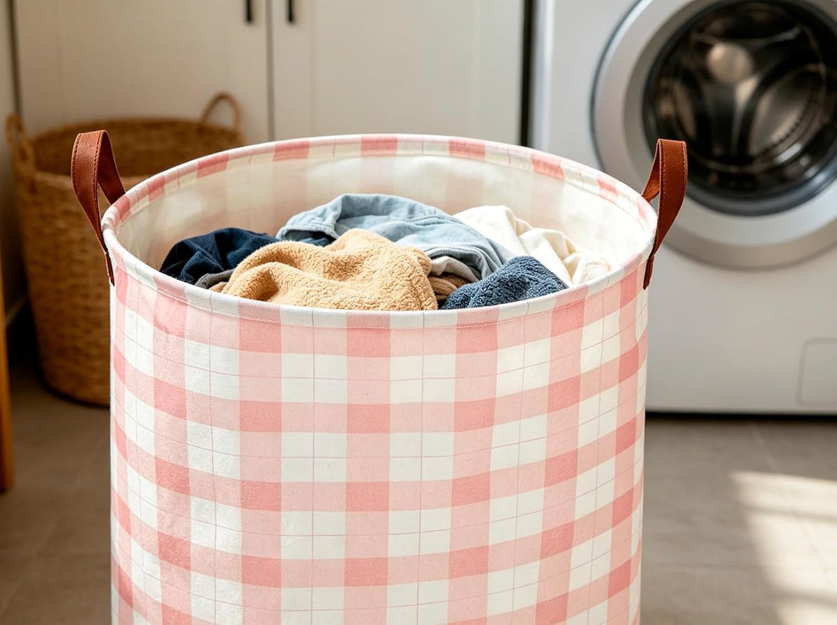 Collapsible Round Laundry Hamper/Large Storage Basket/Room Decor (White check)