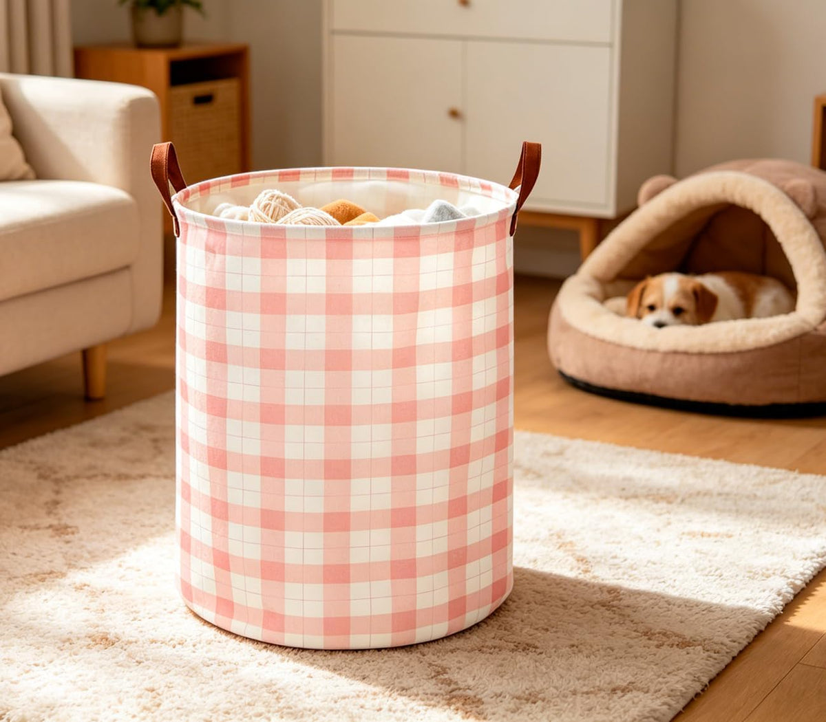 Collapsible Round Laundry Hamper/Large Storage Basket/Room Decor (White check)