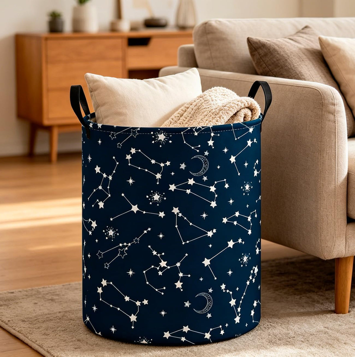 Collapsible Round Laundry Hamper/Large Storage Basket/Room Decor (White check)