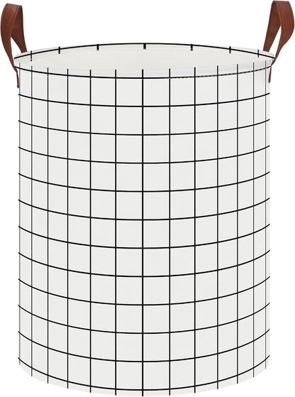 Collapsible Round Laundry Hamper/Large Storage Basket/Room Decor (White check)