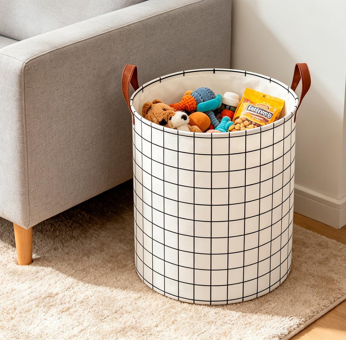 Collapsible Round Laundry Hamper/Large Storage Basket/Room Decor (White check)