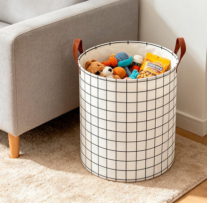 Collapsible Round Laundry Hamper/Large Storage Basket/Room Decor (White check)