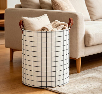 Collapsible Round Laundry Hamper/Large Storage Basket/Room Decor (White check)