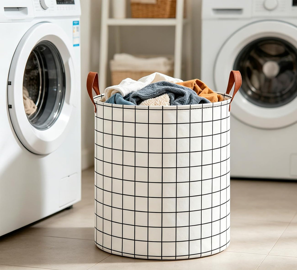 Collapsible Round Laundry Hamper/Large Storage Basket/Room Decor (White check)