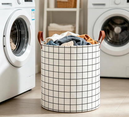 Collapsible Round Laundry Hamper/Large Storage Basket/Room Decor (White check)