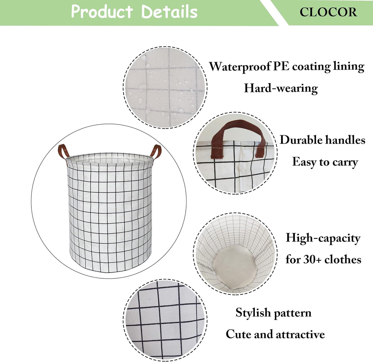 Collapsible Round Laundry Hamper/Large Storage Basket/Room Decor (White check)