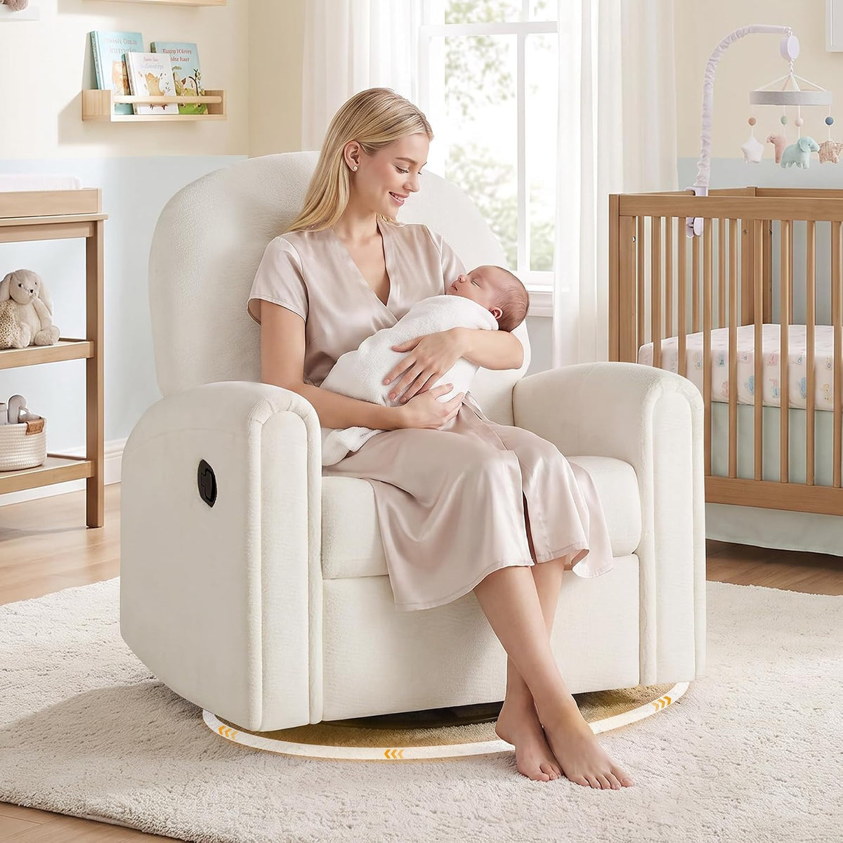 Nursery Rocking Chair, Oversized 360° Swivel Glider Recliner Chair, Chenille Nursery Glider with Tufted Backrest and Footrest, Comfy Reclining Chair for Living Room, Bedroom, Nursing, Beige