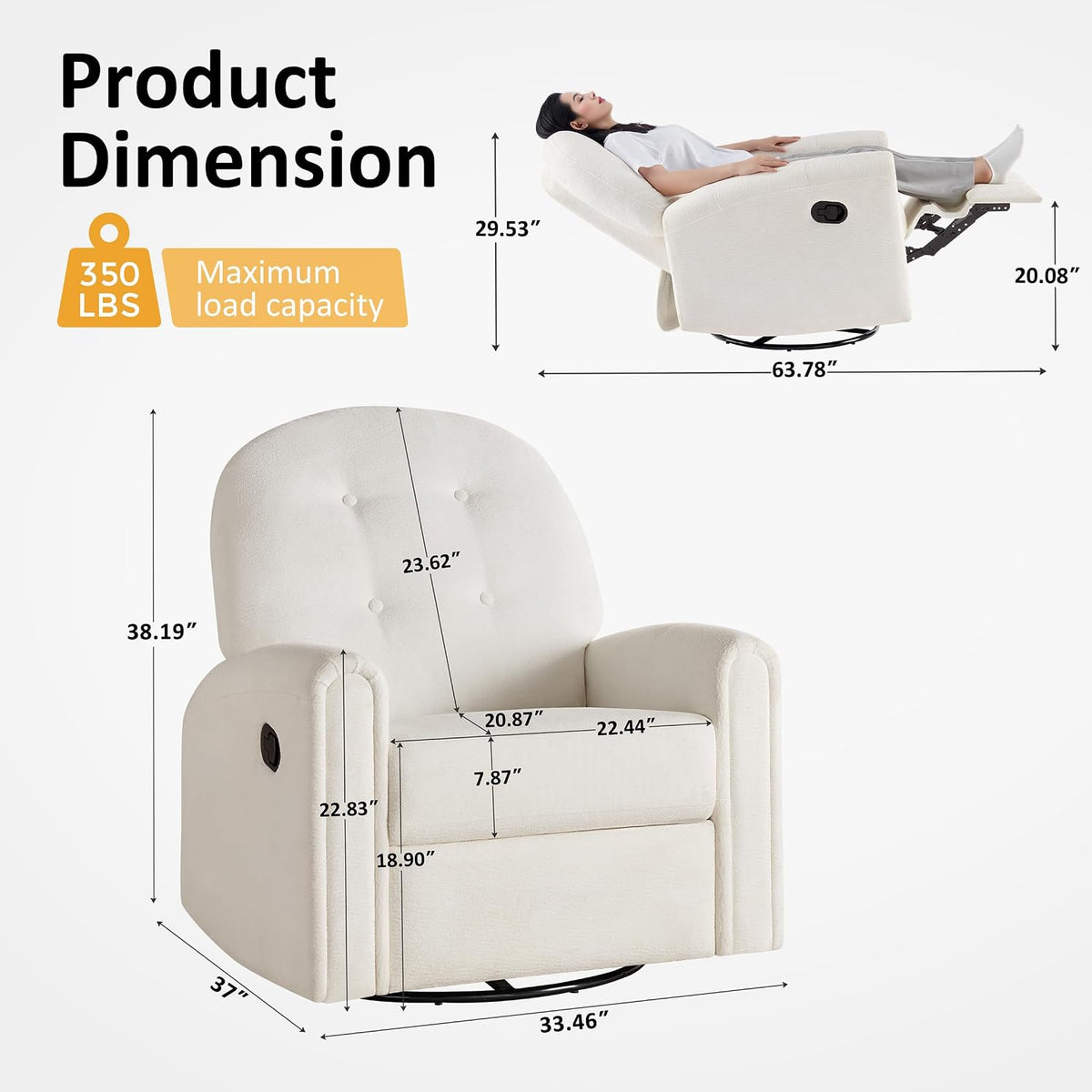 Nursery Rocking Chair, Oversized 360° Swivel Glider Recliner Chair, Chenille Nursery Glider with Tufted Backrest and Footrest, Comfy Reclining Chair for Living Room, Bedroom, Nursing, Beige