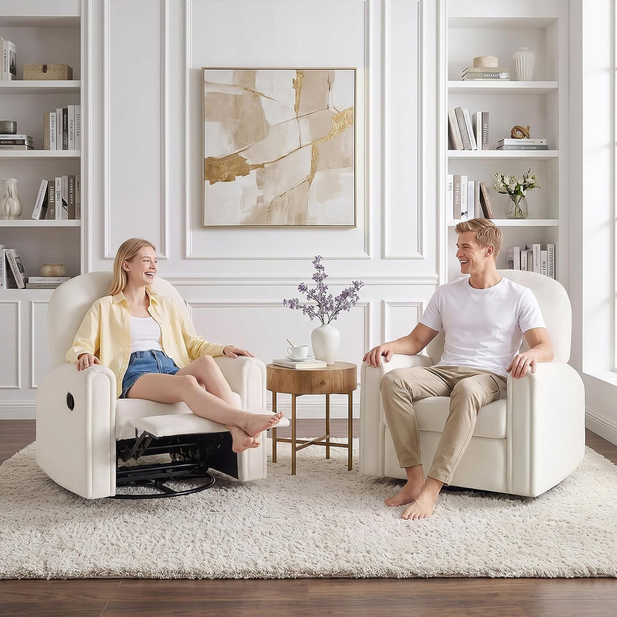 Nursery Rocking Chair, Oversized 360° Swivel Glider Recliner Chair, Chenille Nursery Glider with Tufted Backrest and Footrest, Comfy Reclining Chair for Living Room, Bedroom, Nursing, Beige