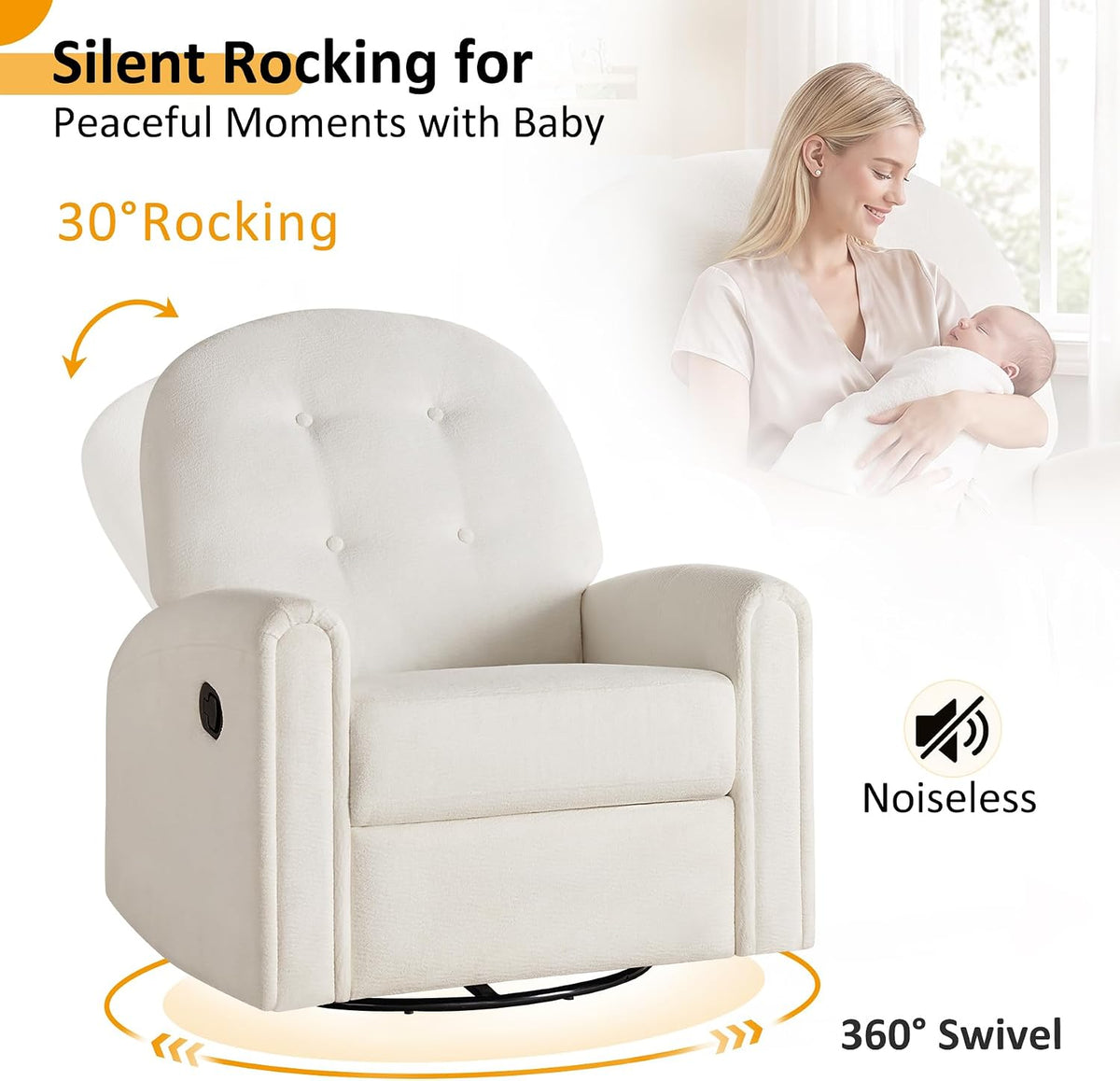 Nursery Rocking Chair, Oversized 360° Swivel Glider Recliner Chair, Chenille Nursery Glider with Tufted Backrest and Footrest, Comfy Reclining Chair for Living Room, Bedroom, Nursing, Beige