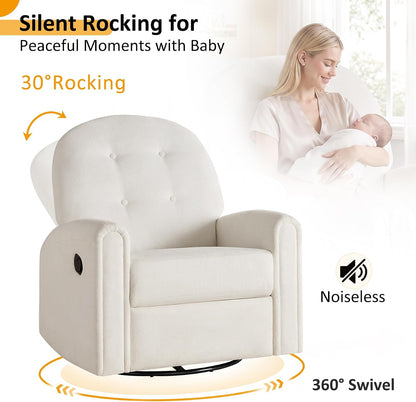 Nursery Rocking Chair, Oversized 360° Swivel Glider Recliner Chair, Chenille Nursery Glider with Tufted Backrest and Footrest, Comfy Reclining Chair for Living Room, Bedroom, Nursing, Beige