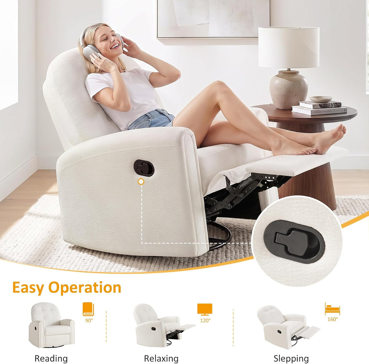 Nursery Rocking Chair, Oversized 360° Swivel Glider Recliner Chair, Chenille Nursery Glider with Tufted Backrest and Footrest, Comfy Reclining Chair for Living Room, Bedroom, Nursing, Beige