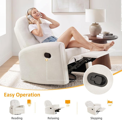Nursery Rocking Chair, Oversized 360° Swivel Glider Recliner Chair, Chenille Nursery Glider with Tufted Backrest and Footrest, Comfy Reclining Chair for Living Room, Bedroom, Nursing, Beige