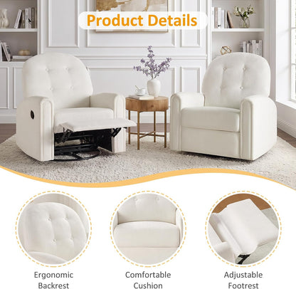 Nursery Rocking Chair, Oversized 360° Swivel Glider Recliner Chair, Chenille Nursery Glider with Tufted Backrest and Footrest, Comfy Reclining Chair for Living Room, Bedroom, Nursing, Beige