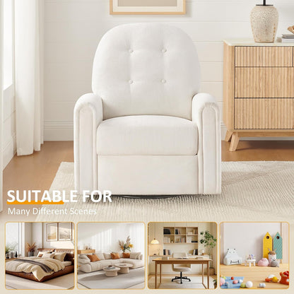 Nursery Rocking Chair, Oversized 360° Swivel Glider Recliner Chair, Chenille Nursery Glider with Tufted Backrest and Footrest, Comfy Reclining Chair for Living Room, Bedroom, Nursing, Beige