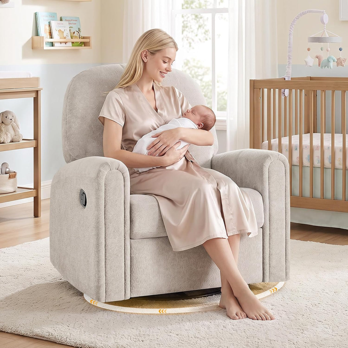Nursery Rocking Chair, Oversized 360° Swivel Glider Recliner Chair, Chenille Nursery Glider with Tufted Backrest and Footrest, Comfy Reclining Chair for Living Room, Bedroom, Nursing, Beige