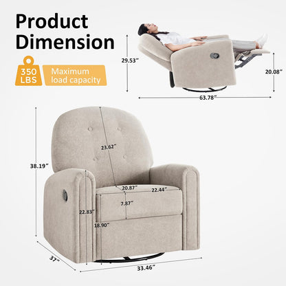 Nursery Rocking Chair, Oversized 360° Swivel Glider Recliner Chair, Chenille Nursery Glider with Tufted Backrest and Footrest, Comfy Reclining Chair for Living Room, Bedroom, Nursing, Beige