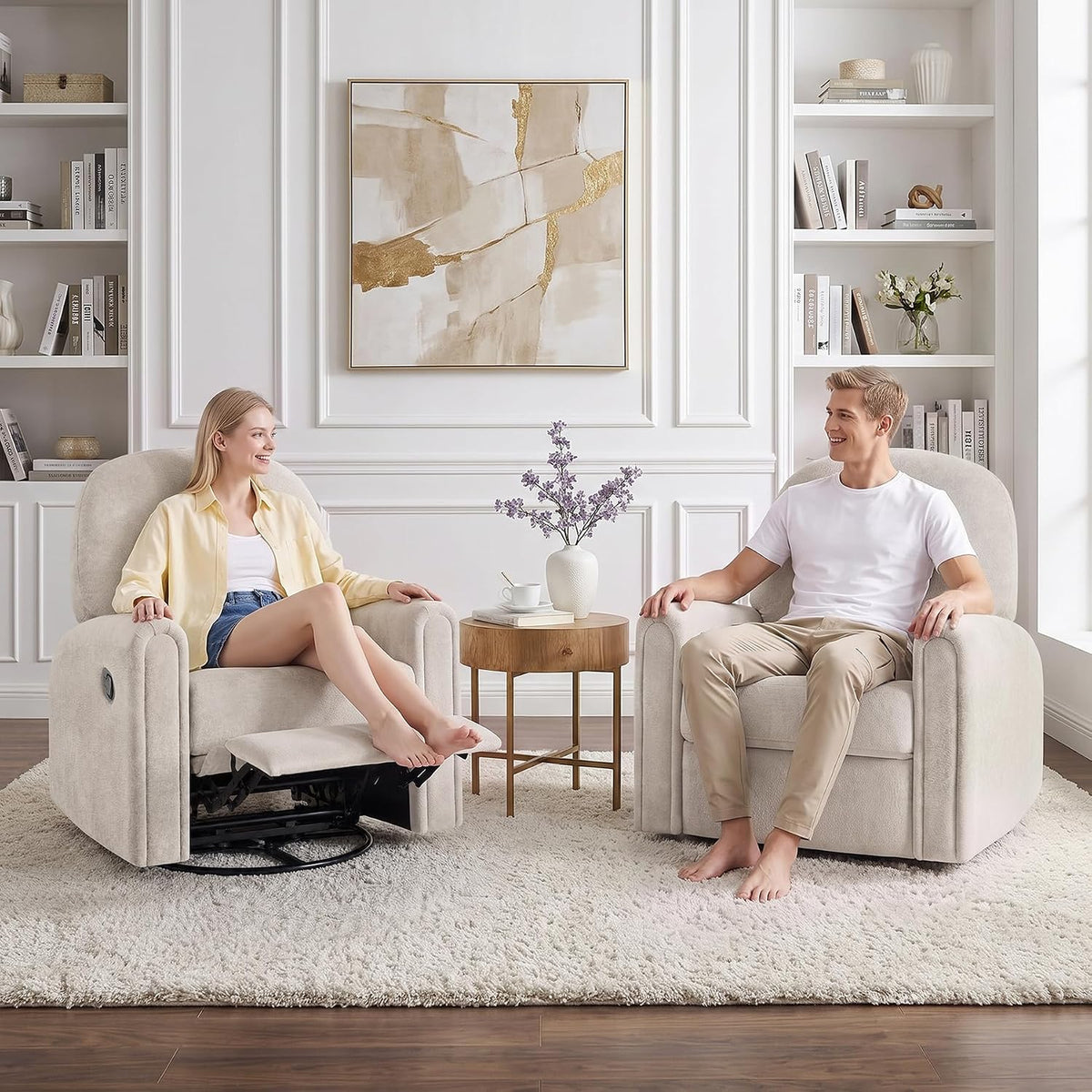 Nursery Rocking Chair, Oversized 360° Swivel Glider Recliner Chair, Chenille Nursery Glider with Tufted Backrest and Footrest, Comfy Reclining Chair for Living Room, Bedroom, Nursing, Beige