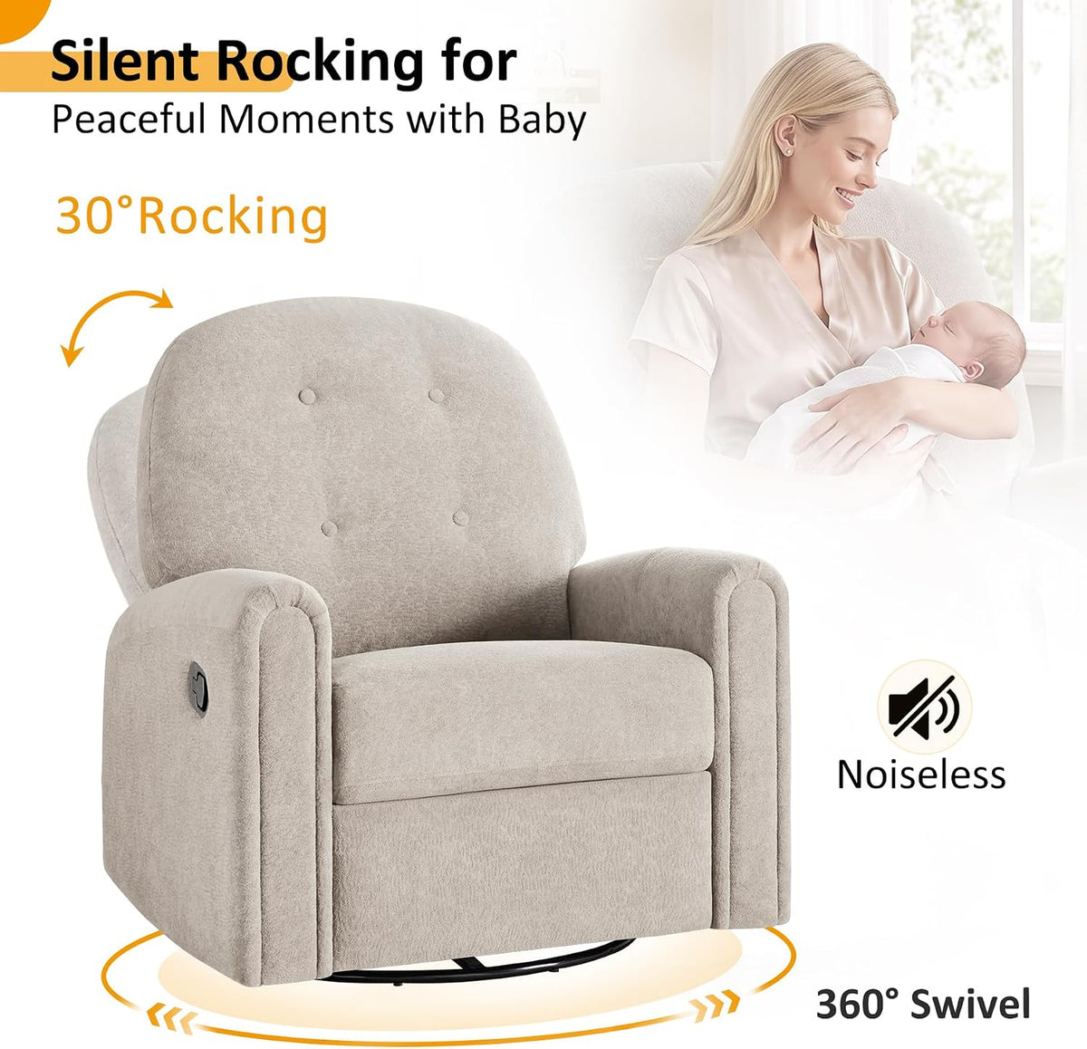 Nursery Rocking Chair, Oversized 360° Swivel Glider Recliner Chair, Chenille Nursery Glider with Tufted Backrest and Footrest, Comfy Reclining Chair for Living Room, Bedroom, Nursing, Beige