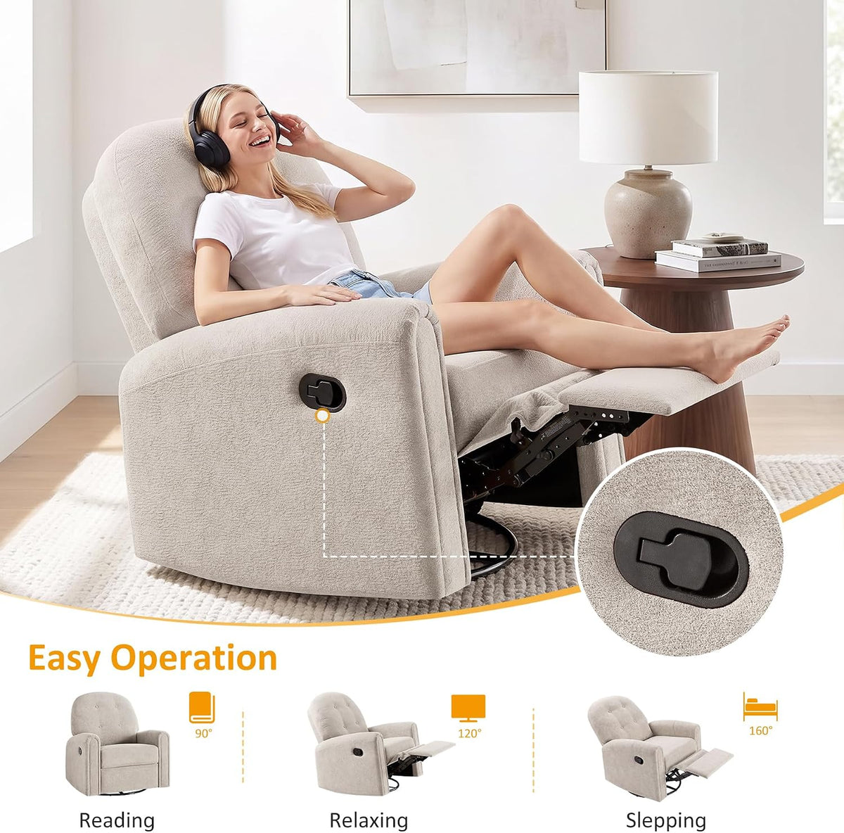 Nursery Rocking Chair, Oversized 360° Swivel Glider Recliner Chair, Chenille Nursery Glider with Tufted Backrest and Footrest, Comfy Reclining Chair for Living Room, Bedroom, Nursing, Beige