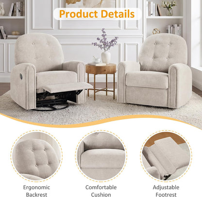 Nursery Rocking Chair, Oversized 360° Swivel Glider Recliner Chair, Chenille Nursery Glider with Tufted Backrest and Footrest, Comfy Reclining Chair for Living Room, Bedroom, Nursing, Beige