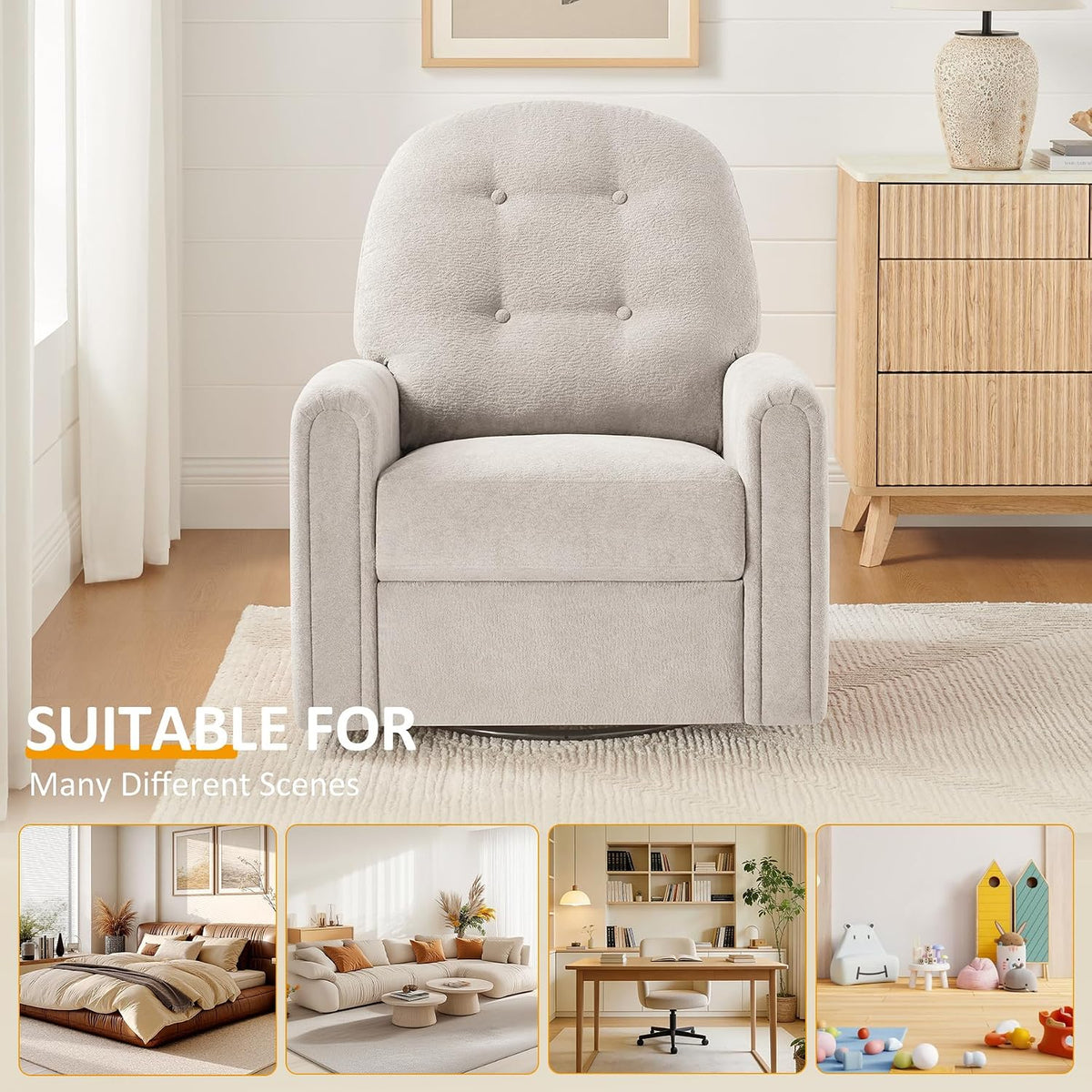 Nursery Rocking Chair, Oversized 360° Swivel Glider Recliner Chair, Chenille Nursery Glider with Tufted Backrest and Footrest, Comfy Reclining Chair for Living Room, Bedroom, Nursing, Beige