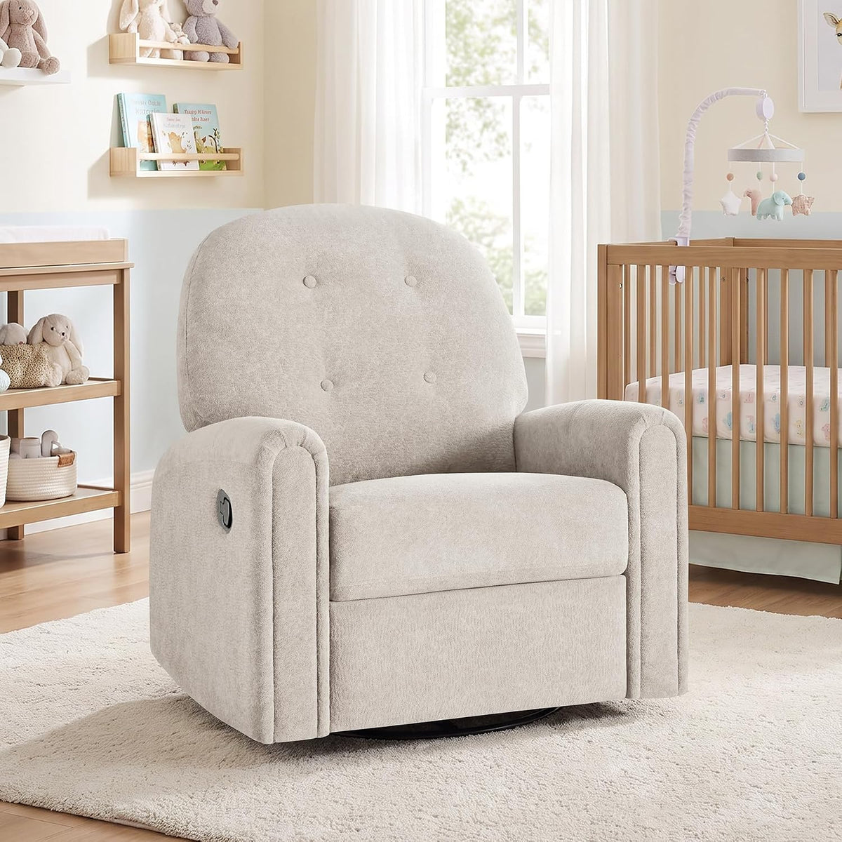 Nursery Rocking Chair, Oversized 360° Swivel Glider Recliner Chair, Chenille Nursery Glider with Tufted Backrest and Footrest, Comfy Reclining Chair for Living Room, Bedroom, Nursing, Beige