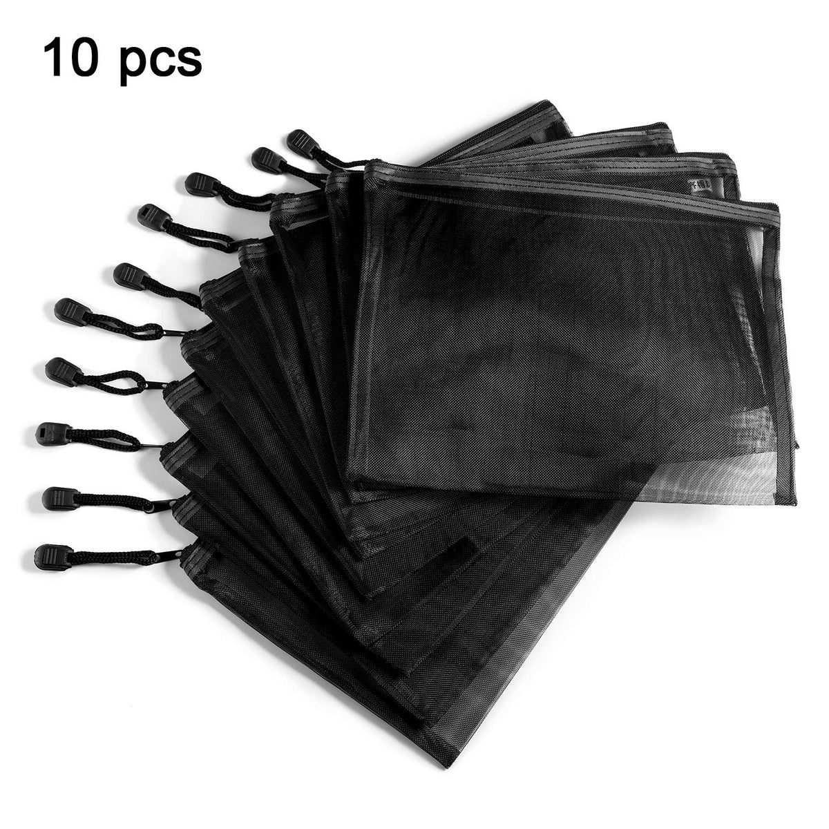 10 Pieces Black Mesh Bags Makeup Bags Cosmetic Travel Organizer Bags Mesh Zipper Pouch Pencil Case, 9.5 x 7.1 Inches
