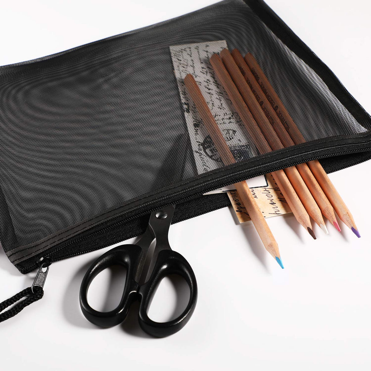 10 Pieces Black Mesh Bags Makeup Bags Cosmetic Travel Organizer Bags Mesh Zipper Pouch Pencil Case, 9.5 x 7.1 Inches