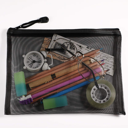 10 Pieces Black Mesh Bags Makeup Bags Cosmetic Travel Organizer Bags Mesh Zipper Pouch Pencil Case, 9.5 x 7.1 Inches
