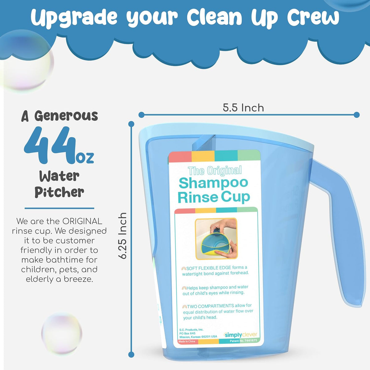 Tear-Free Bathing Experience with Rinse Cup - Soft Flexible Edge, Comfortable Handling & 40 Oz Capacity